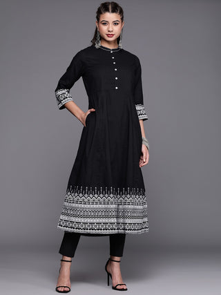 Biba Women Black & White Pure Cotton Solid Kurta With Printed Border - Distacart