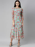 Thumbnail for Souchii Turquoise Blue Floral Printed Chiffon A-Line Midi Dress - Distacart