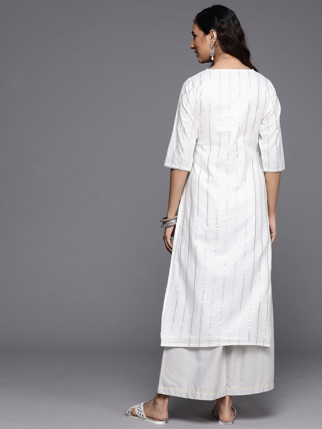 Libas Women White & Silver Striped Kurta - Distacart