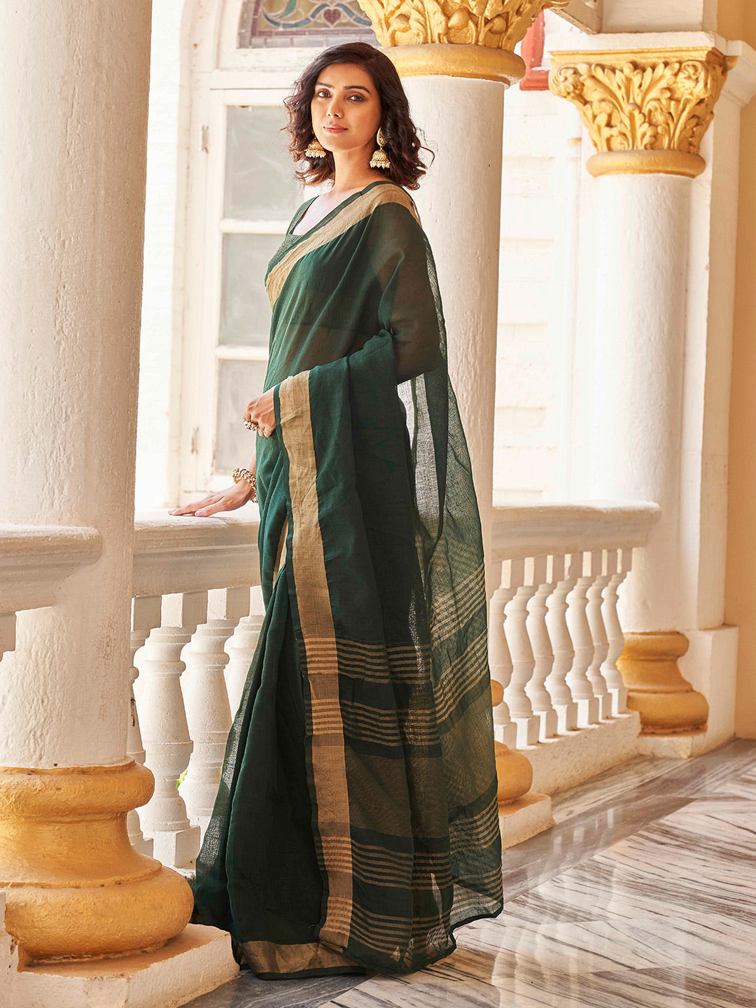 Tikhi Imli Green & Gold-Toned Polycotton Zari Ready to Wear Saree - Distacart