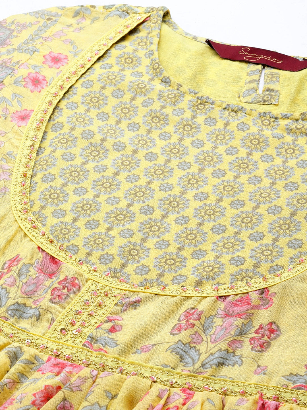 Sangria Women Yellow & Pink Floral Printed Anarkali Kurta - Distacart