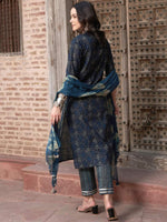 Thumbnail for Sangria Blue Ethnic Motifs Embroidered Gotta Patti Pure Cotton Kurta Set With Dupatta - Distacart