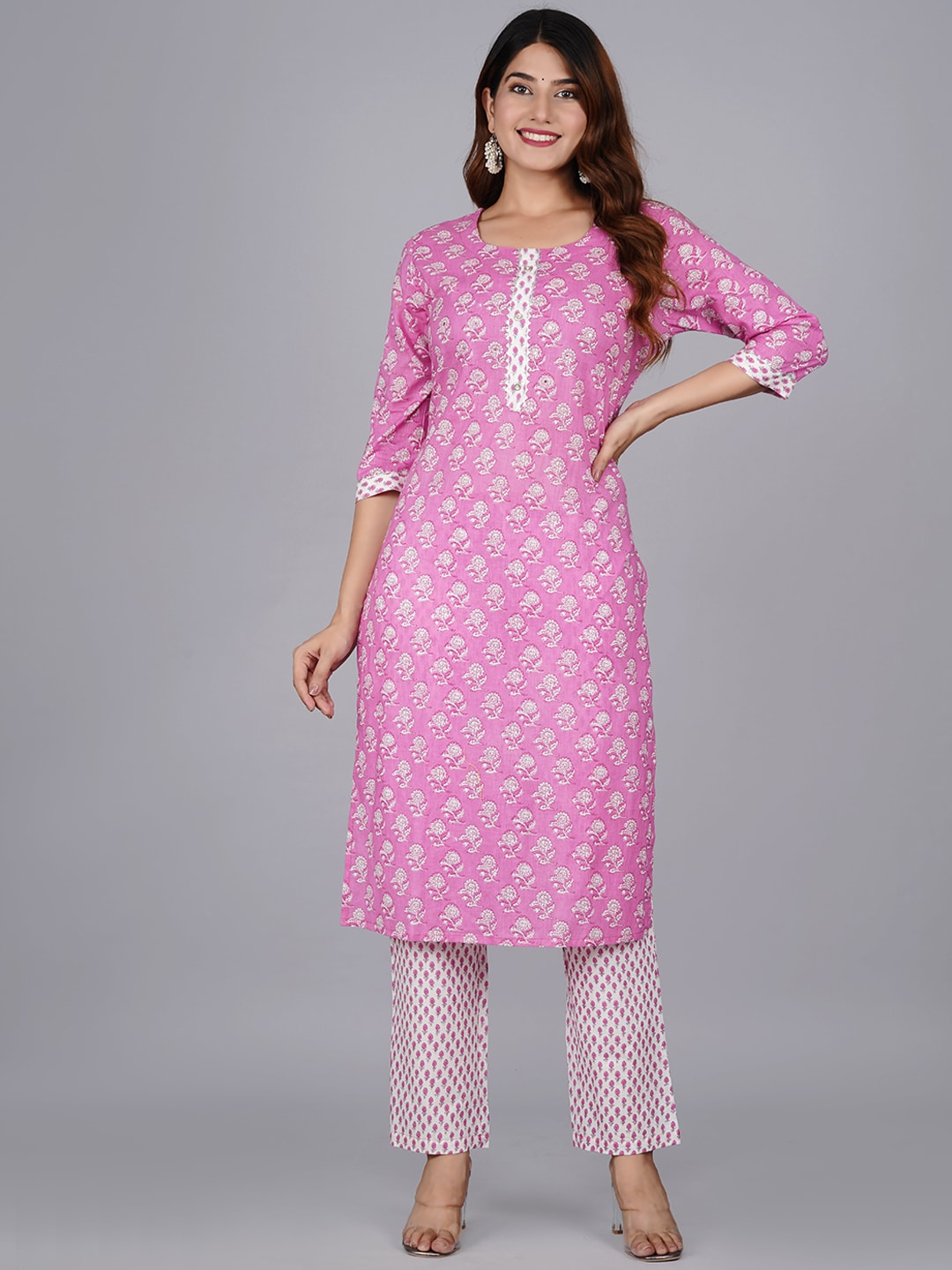 Kalini Women Pink Ethnic Motifs Printed Pure Cotton Kurta with Trouser & Dupatta - Distacart
