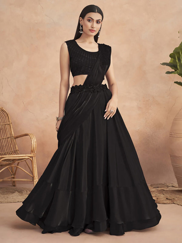 Mitera Black Self Design Satin Lehenga Saree - Distacart