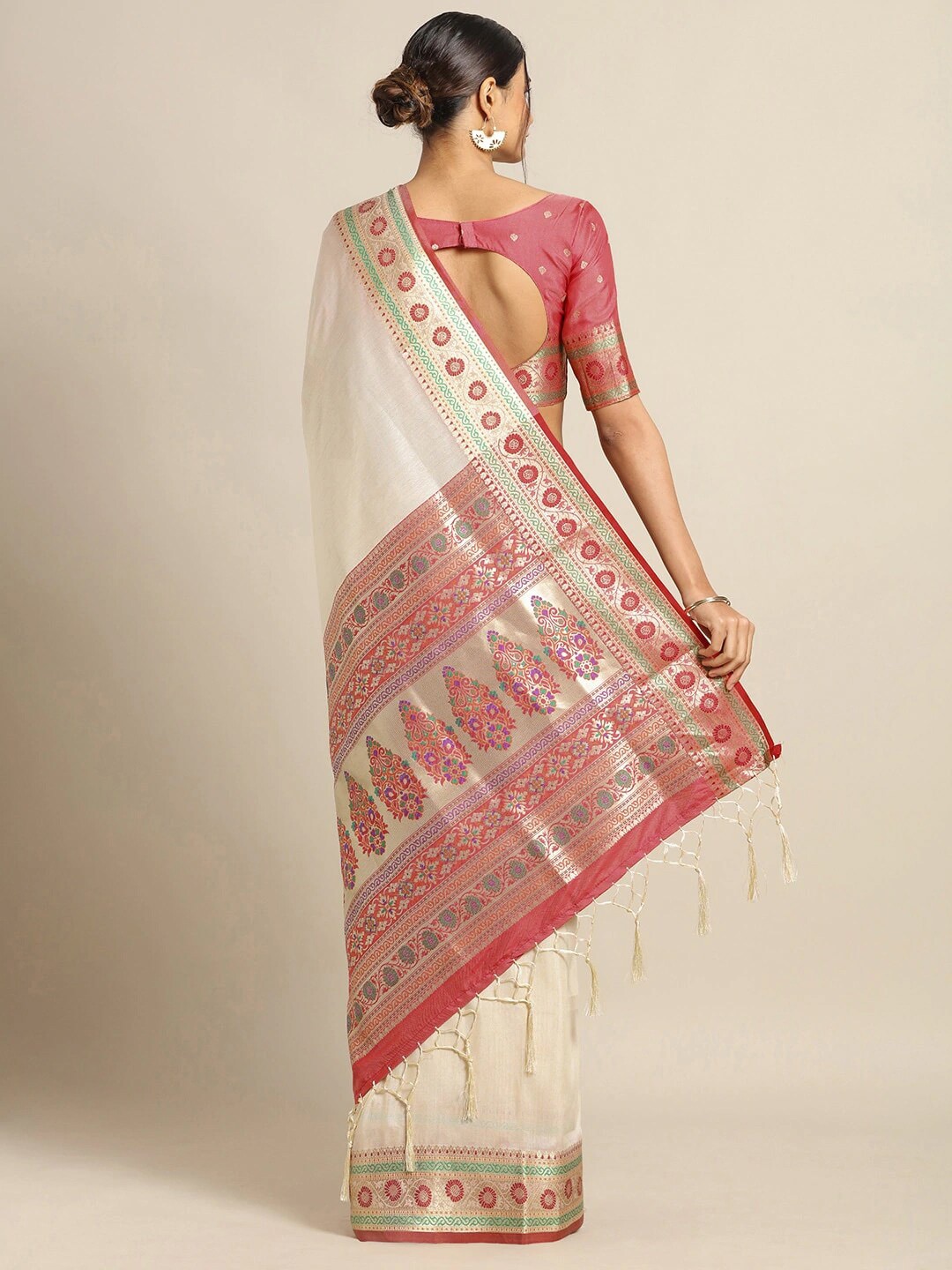 Saree Mall Cream Silk Blend Banarasi Sarees - Distacart