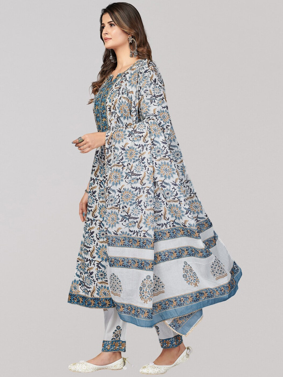 Kalini Floral Printed Sequinned Pure Cotton Kurta with Trousers & Dupatta - Distacart
