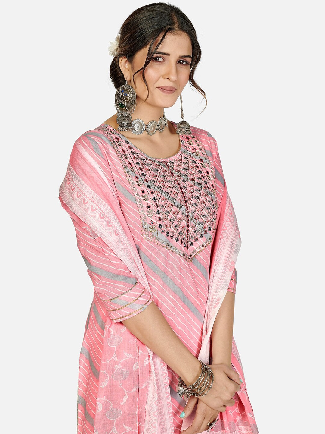 Kalini Women Pink Ethnic Motifs Striped Thread Work Pure Cotton Kurta with Trousers & With Dupatta - Distacart