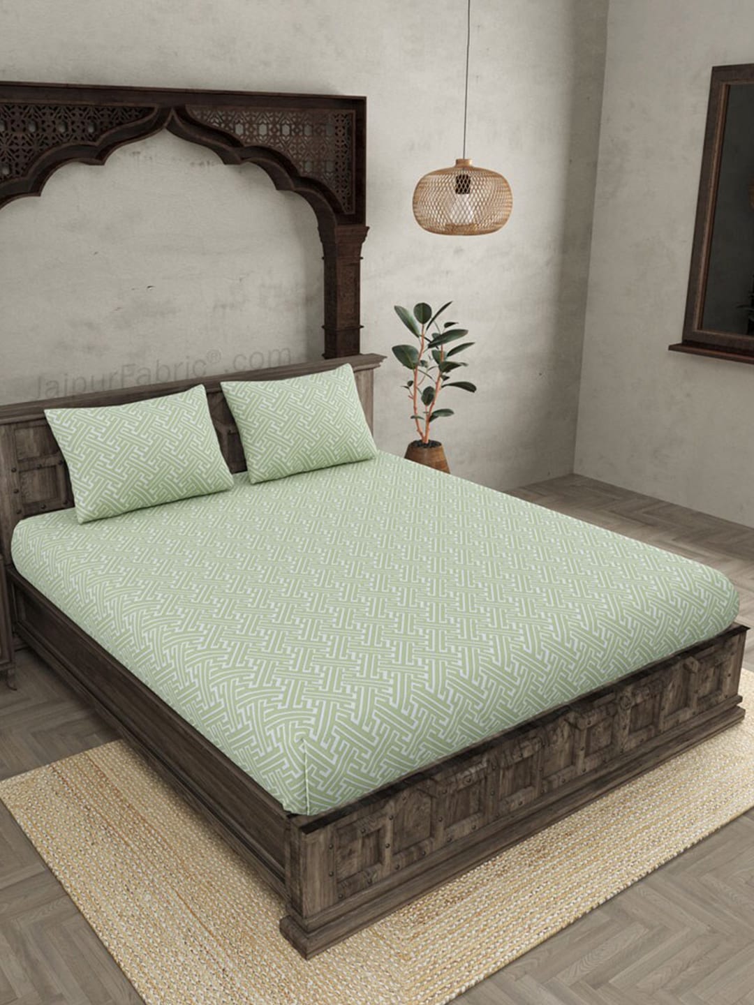JAIPUR FABRIC Green & White Ethnic Motifs 250 TC Cotton King Bedsheet with 2 Pillow Covers - Distacart