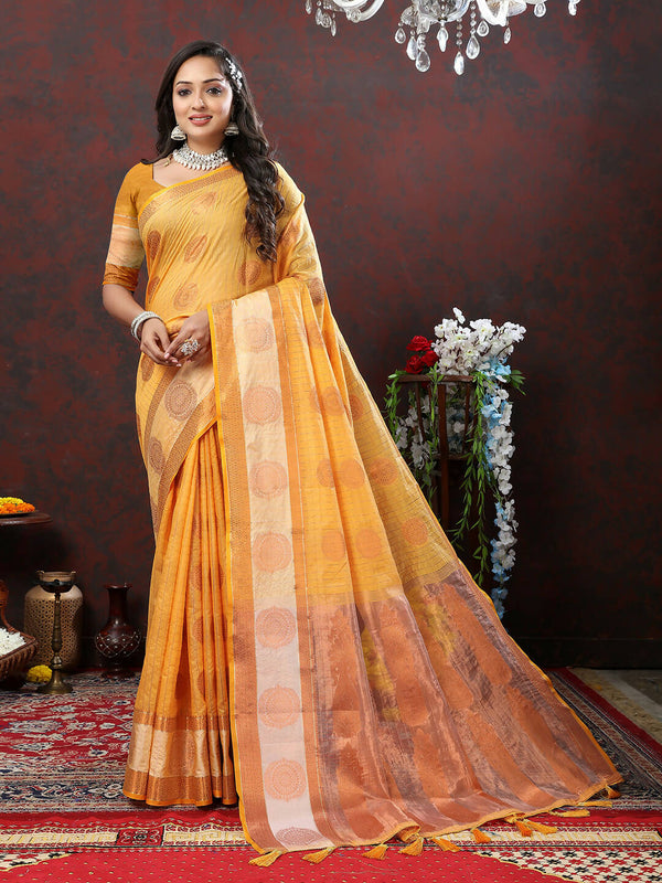 Lorenvalley Fashion Orange Cotton with Woven Design Zari Weaving Saree - Distacart