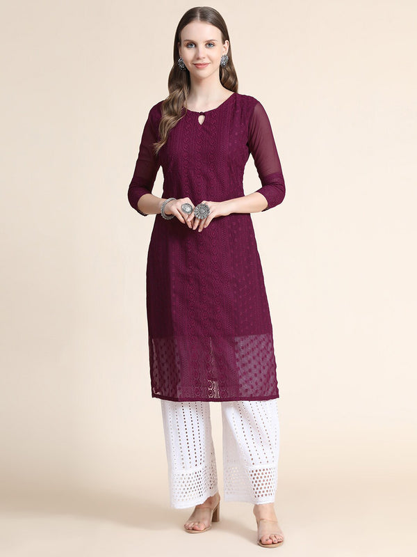 Kalini Women Burgundy Ethnic Motifs Chikankari Kurta - Distacart