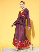 Thumbnail for InWeave Women's Wine Red Brocade Mughal Shaan Kurta Palazzo Set - Distacart