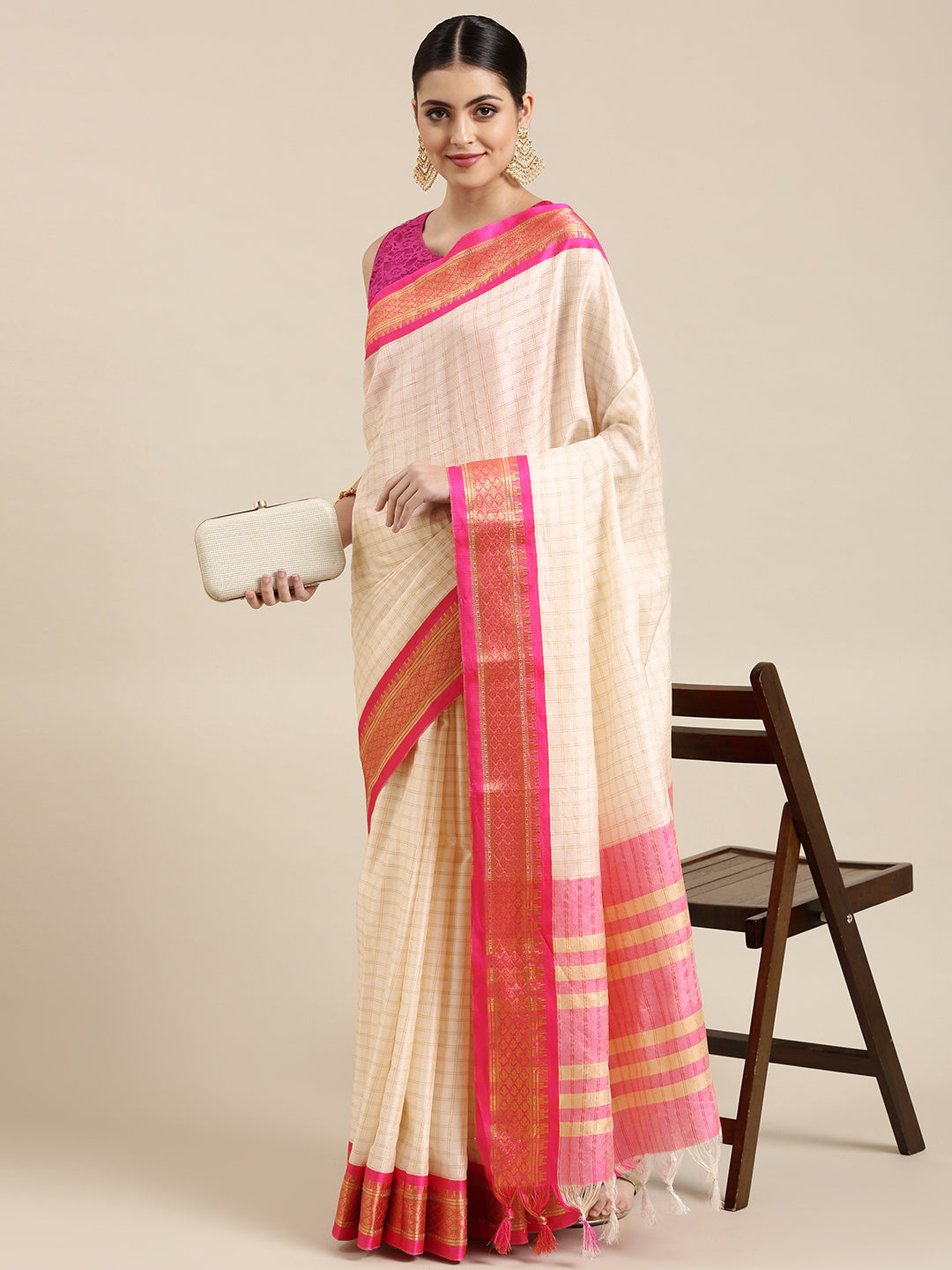 Kalini White & Pink Checked Zari Silk Cotton Saree - Distacart