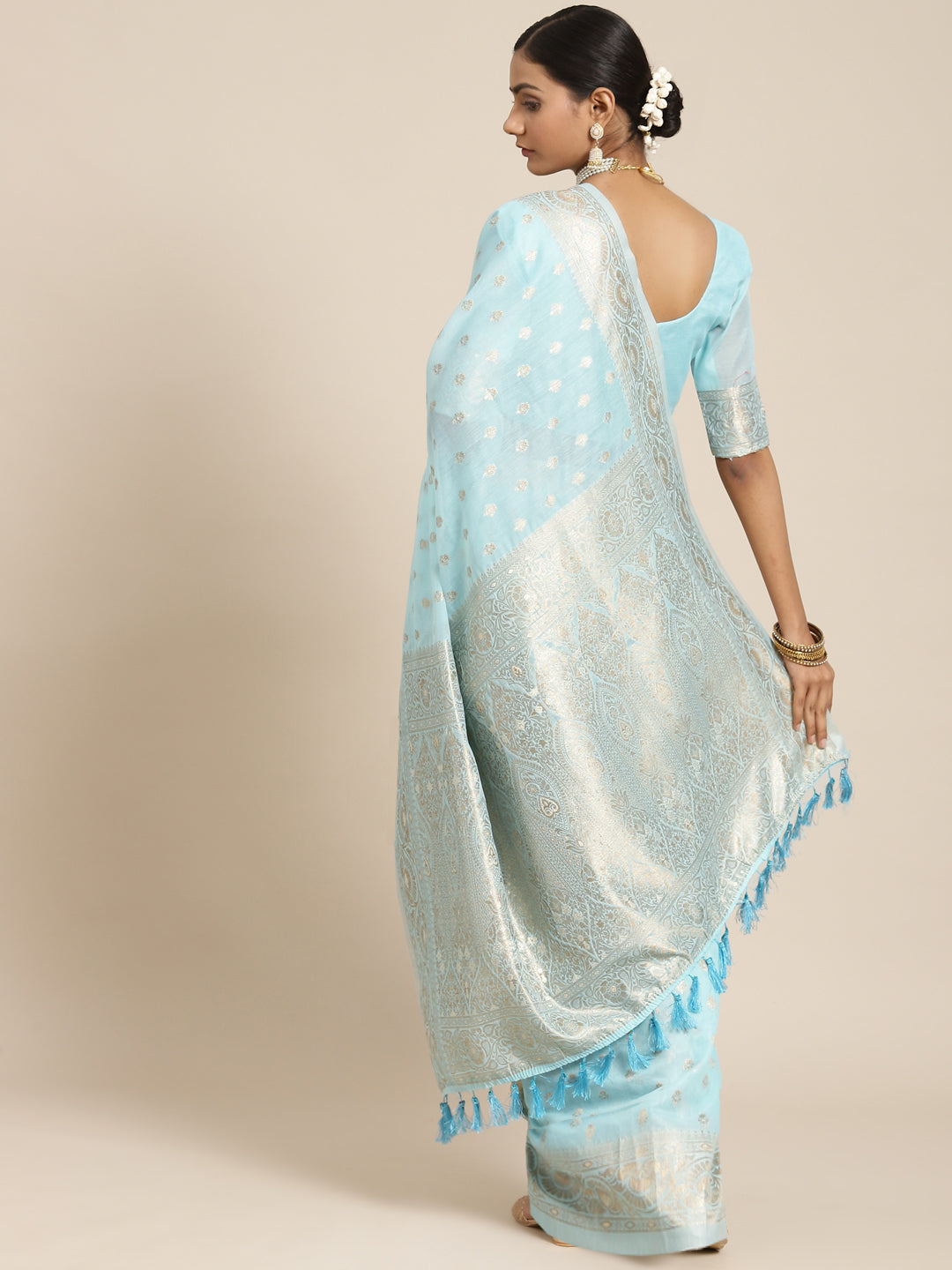 Saree Mall Blue & Silver-Toned Floral Zari Silk Cotton Sambalpuri Saree - Distacart