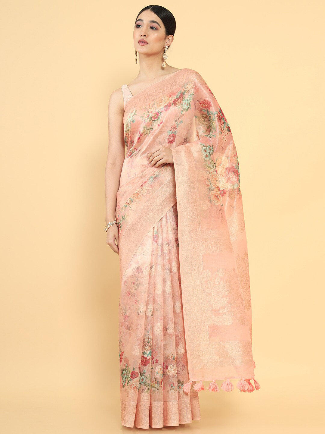 Soch Peach-Coloured & Green Woven Design Zari Organza Saree - Distacart