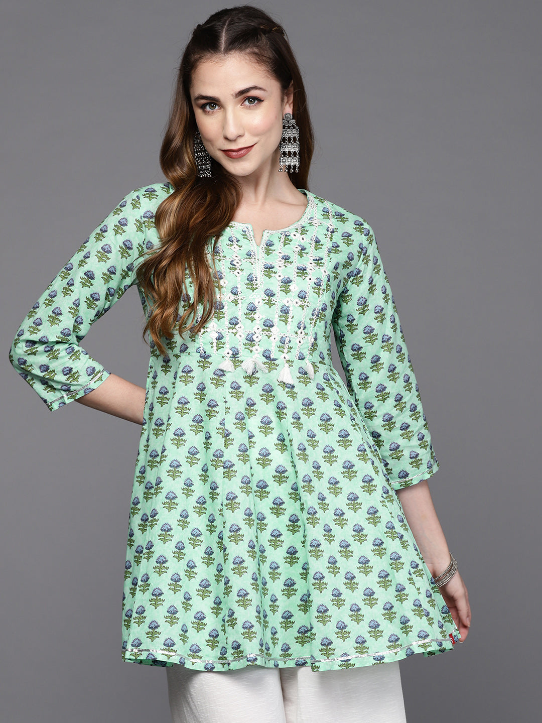 Biba Women Green & Blue Ethnic Motifs Printed Embroidered Pure Cotton A-Line Kurta - Distacart