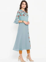 Thumbnail for Janasya Blue Floral Embroidered Flared Sleeves Thread Work Crepe Anarkali Kurta - Distacart