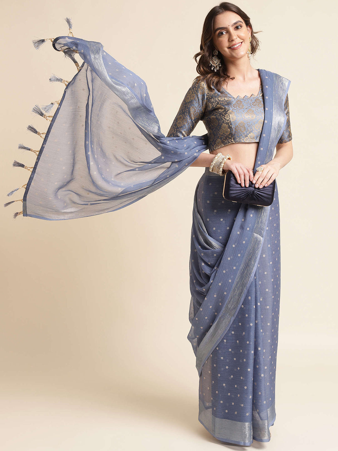 Mitera Grey & Silver-Toned Ethnic Motifs Woven Design Zari Pure Chiffon Saree - Distacart