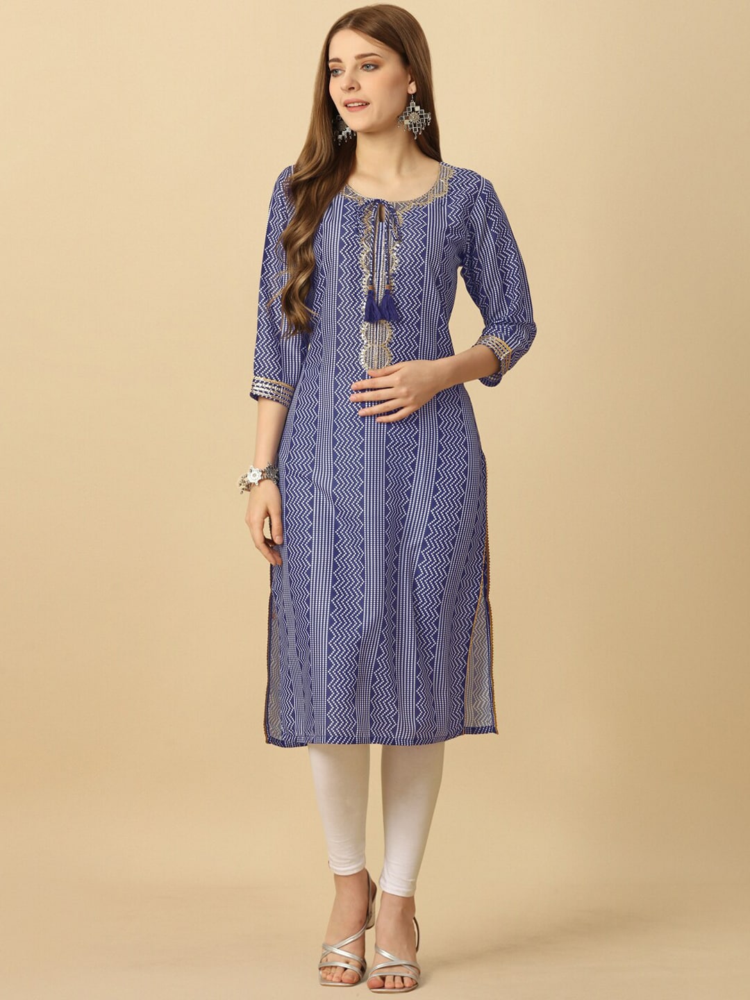 HERE&NOW Blue & White Tie-Up Neck Bandhani Printed Sequined Straight Kurta - Distacart
