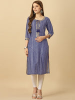 Thumbnail for HERE&NOW Blue & White Tie-Up Neck Bandhani Printed Sequined Straight Kurta - Distacart
