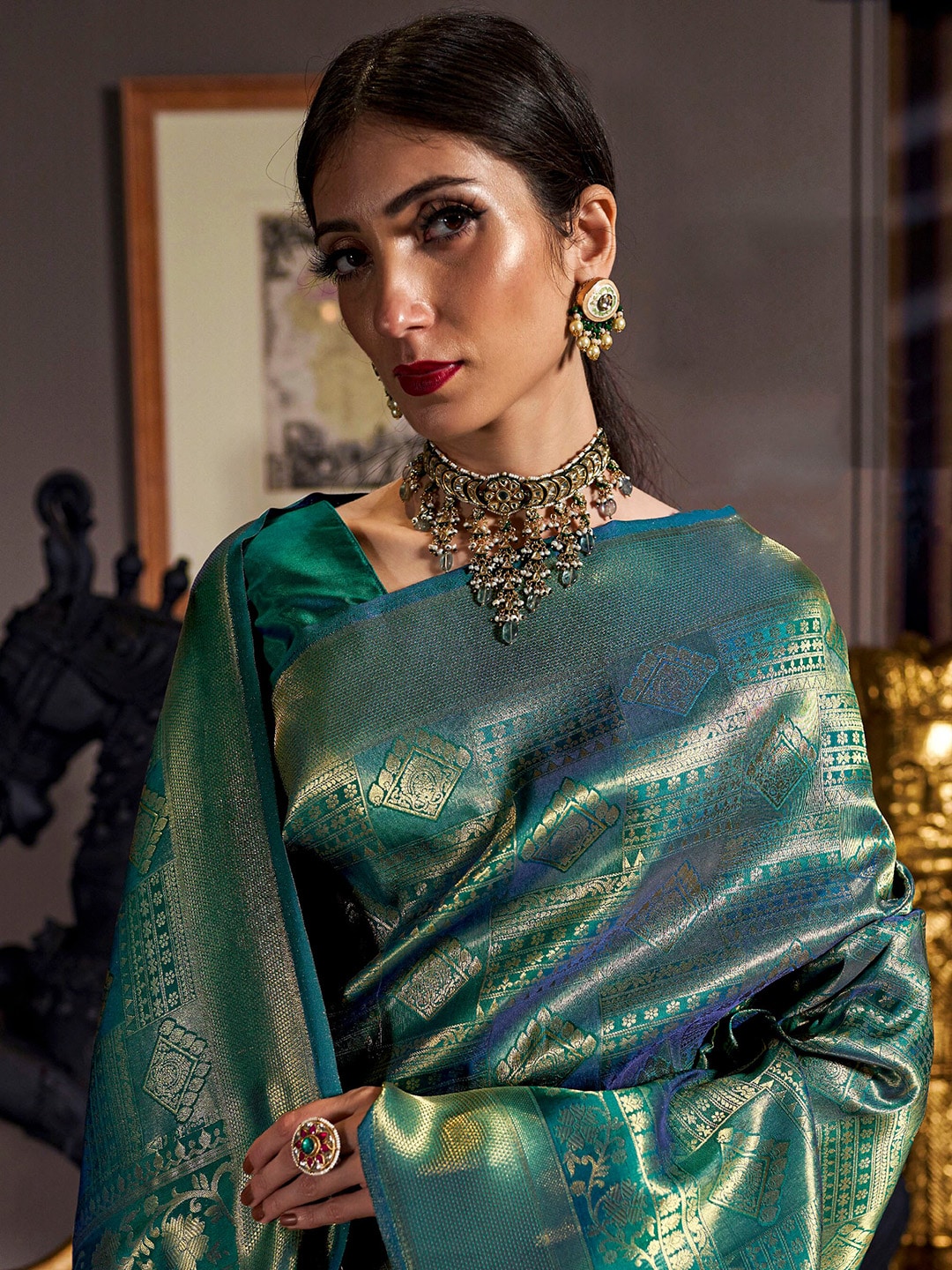 Mitera Teal & Gold-Toned Woven Design Zari Silk Blend Kanjeevaram Saree - Distacart