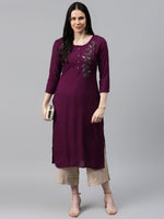 Thumbnail for Kalini Women Burgundy Floral Yoke Design Kurta - Distacart