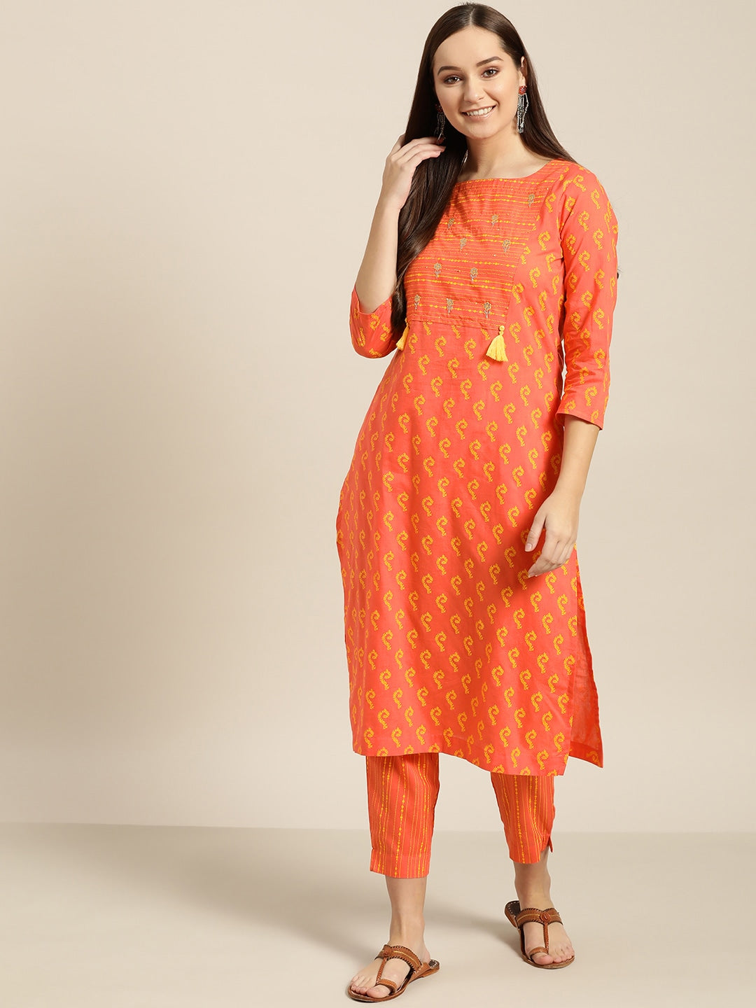 Sangria Women Orange & Yellow Printed Kurta with Trousers - Distacart