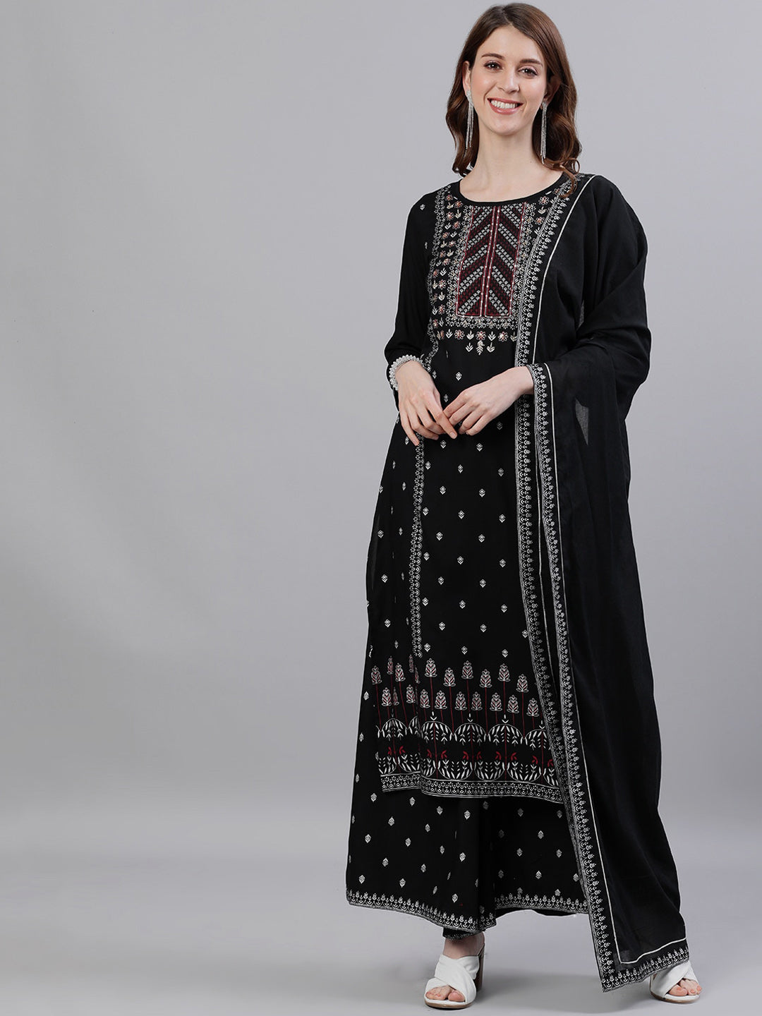 Ishin Women Black Embroidered Kurta with Palazzos & Dupatta - Distacart