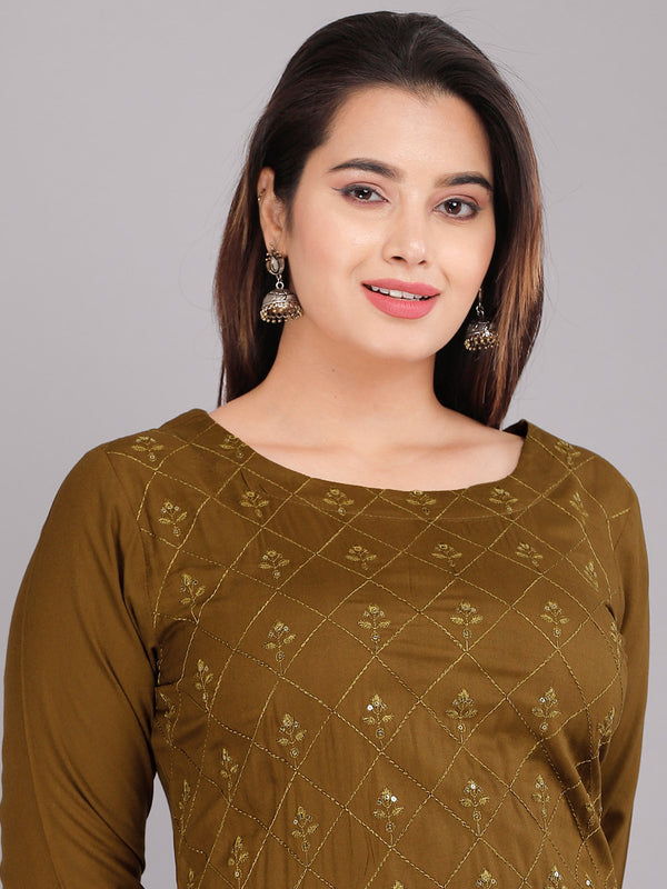 Kalini Women Olive Green Ethnic Motifs Thread Work Kurta - Distacart
