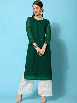 Kalini Ethnic Motifs Embroidered Chikankari Georgette Kurta - Distacart