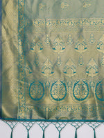 Thumbnail for Mitera Teal & Gold-Toned Woven Design Zari Silk Blend Banarasi Saree - Distacart