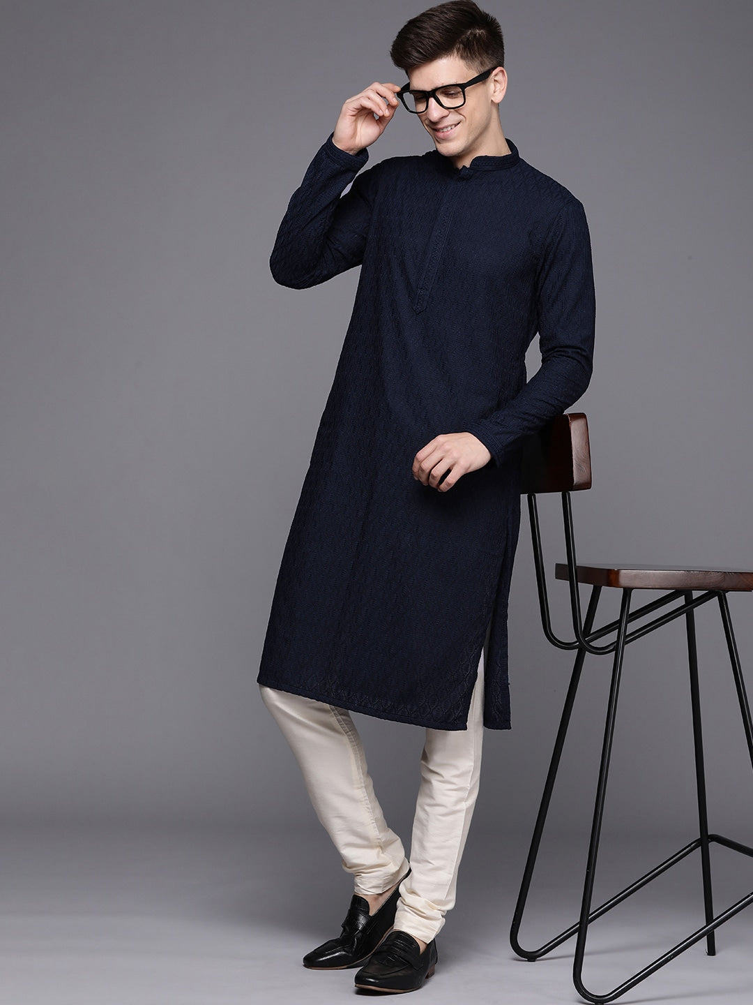 Manyavar Men Blue Ethnic Motifs Woven Design Kurta with Churidar - Distacart