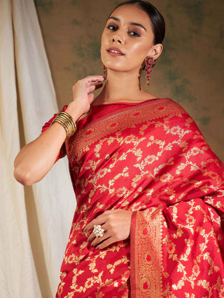Sangria Red Floral Woven Design Zari Kanjeevaram Saree - Distacart