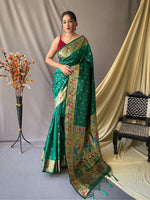 Thumbnail for Mitera Green & Gold-Toned Ethnic Woven Design Zari Paithani Silk Saree - Distacart