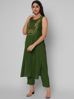 Thumbnail for Kalini Women Green & Pink Floral Embroidered Kurta with Trousers - Distacart