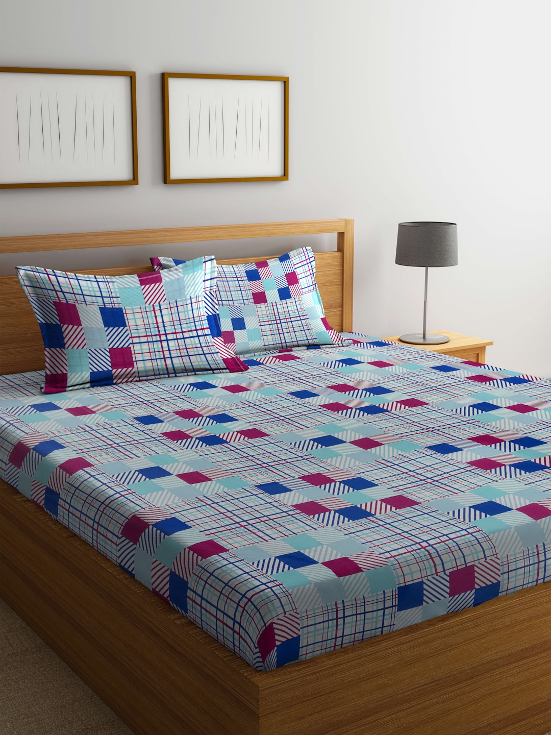 BOMBAY DYEING Marigold Blue Geometric Cotton 104 TC King Bedsheet With 2 Pillow Covers - Distacart
