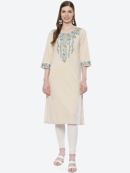 Biba Women White Ethnic Motifs Embroidered Kurta - Distacart