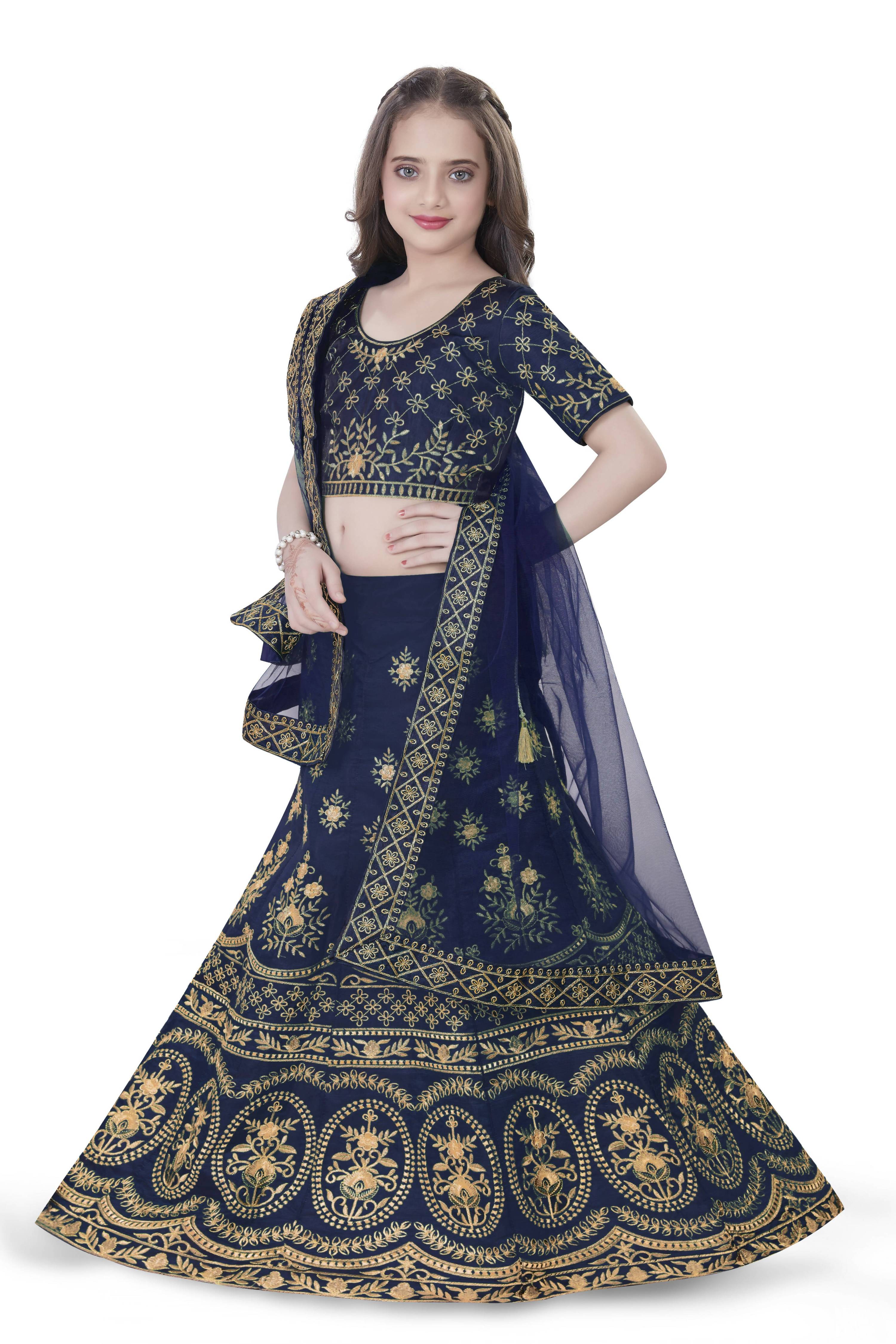 Dwiden Navy Blue Lehriyu Tafetta Sattin Semi-Stitched Girl's Lehenga Choli - Distacart