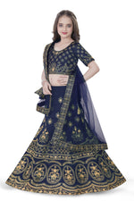 Thumbnail for Dwiden Navy Blue Lehriyu Tafetta Sattin Semi-Stitched Girl's Lehenga Choli - Distacart