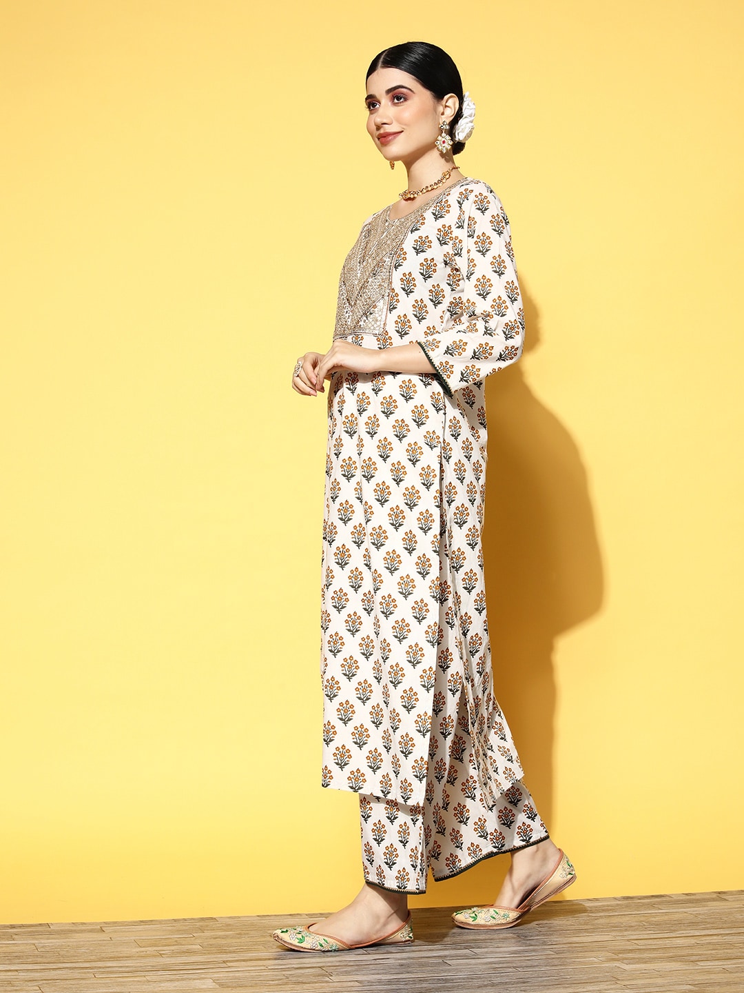 Indo Era Black Embroidered Straight Kurta Palazzos With Dupatta Set