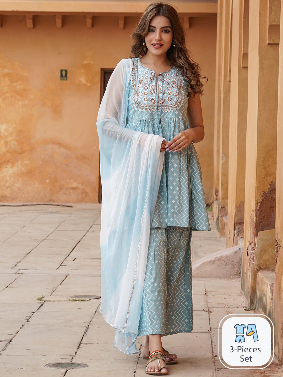 Kalini Ethnic Motifs Printed Thread Work A-Line Kurta With Sharara & Dupatta - Distacart