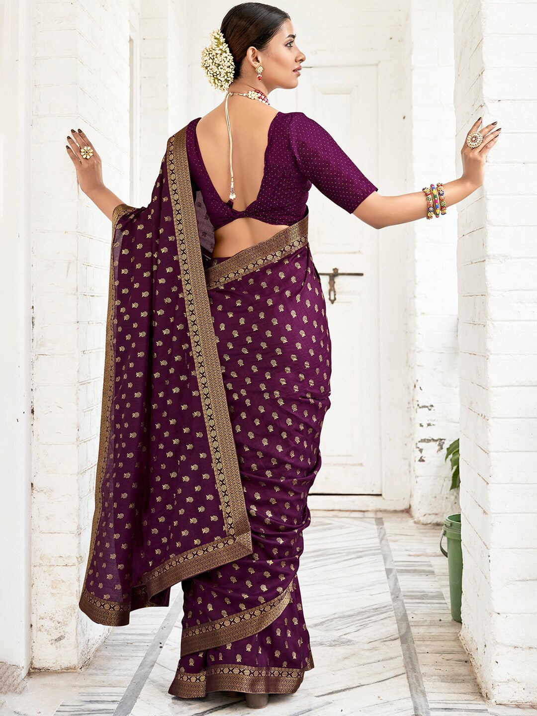 Saree Mall Purple & Gold-Toned Ethnic Motifs Printed Zari Sarees - Distacart
