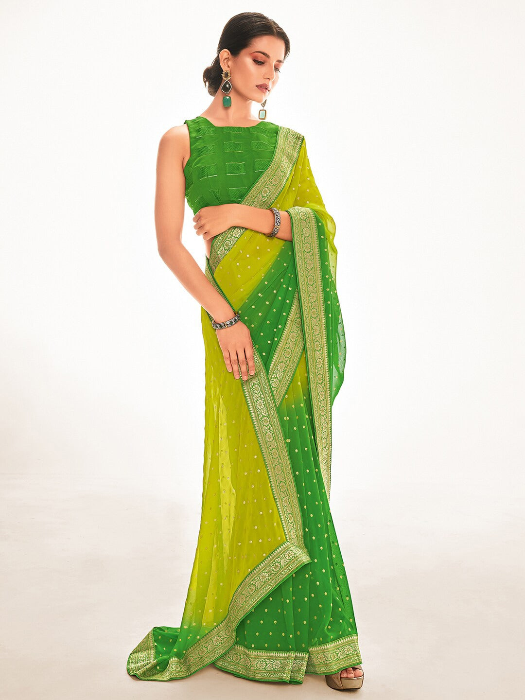 Saree Mall Green & Yellow Ethnic Motifs Embroidered Silk Blend Mangalagiri Sarees - Distacart