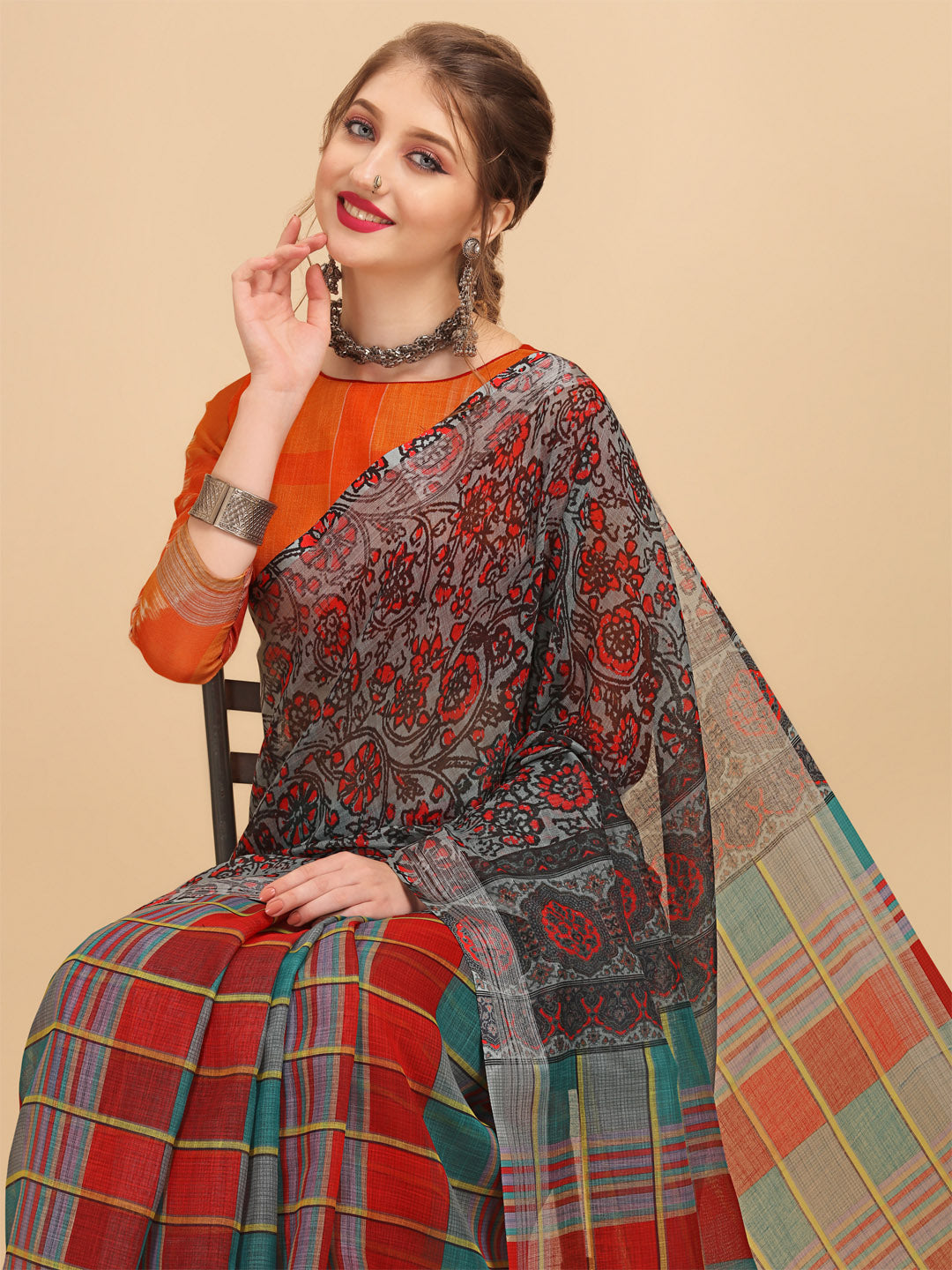 Sangria Grey & Red Beads and Stones Pure Linen Saree - Distacart