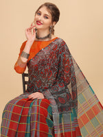 Thumbnail for Sangria Grey & Red Beads and Stones Pure Linen Saree - Distacart