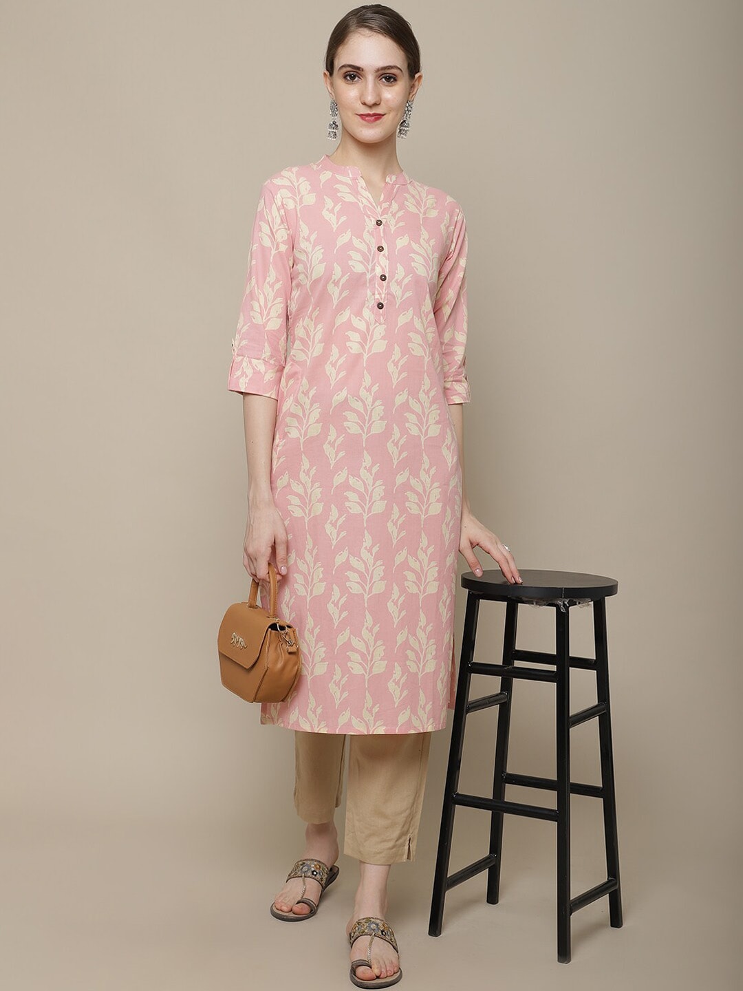 Sangria Women Pink & Beige Cotton Floral Printed Floral Kurta - Distacart