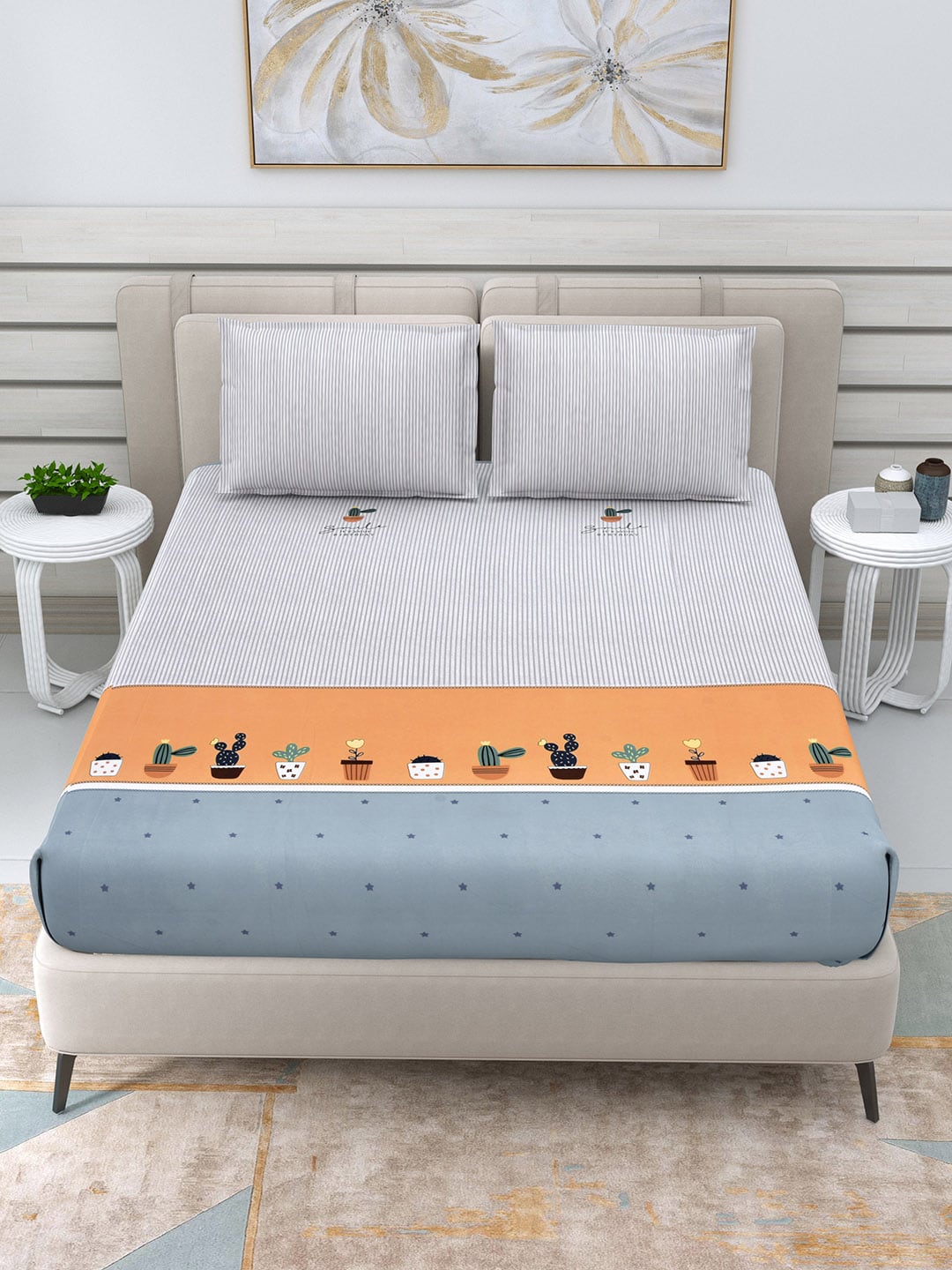 DREAM WEAVERZ White & Peach-Coloured Striped Glazed Cotton 220 TC King Bedsheet with 2 Pillow Covers - Distacart