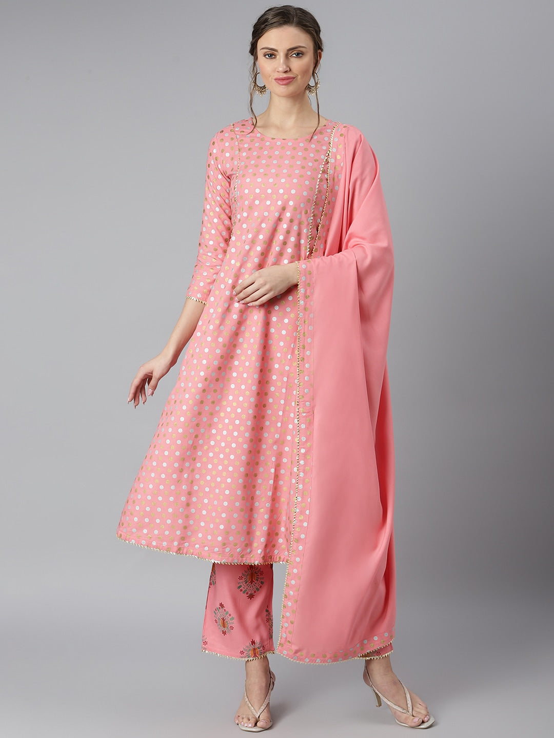 Khushal K Women Pink Printed Panelled Gotta Patti Kurti with Trousers - Distacart
