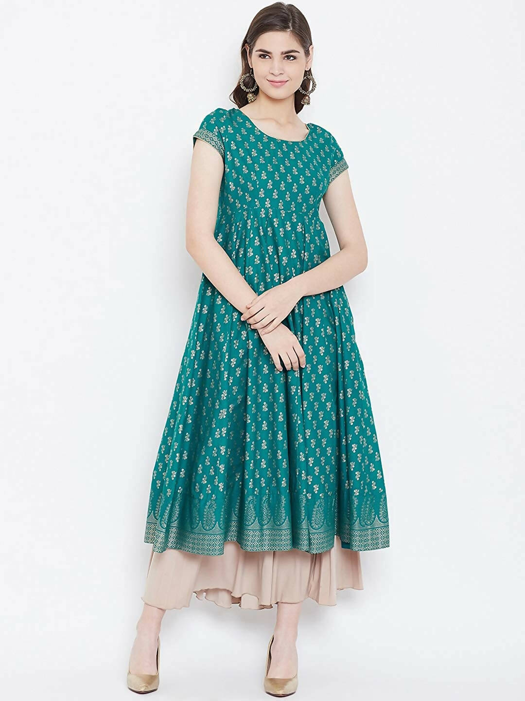Cheera Embellished Daily Wear Cotton Blend Kurta - Turquoise Green - Distacart