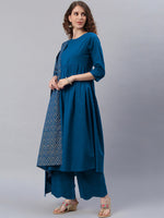 Thumbnail for Janasya Blue Printed Pure Cotton Anarkali Kurta & Palazzos With Dupatta - Distacart