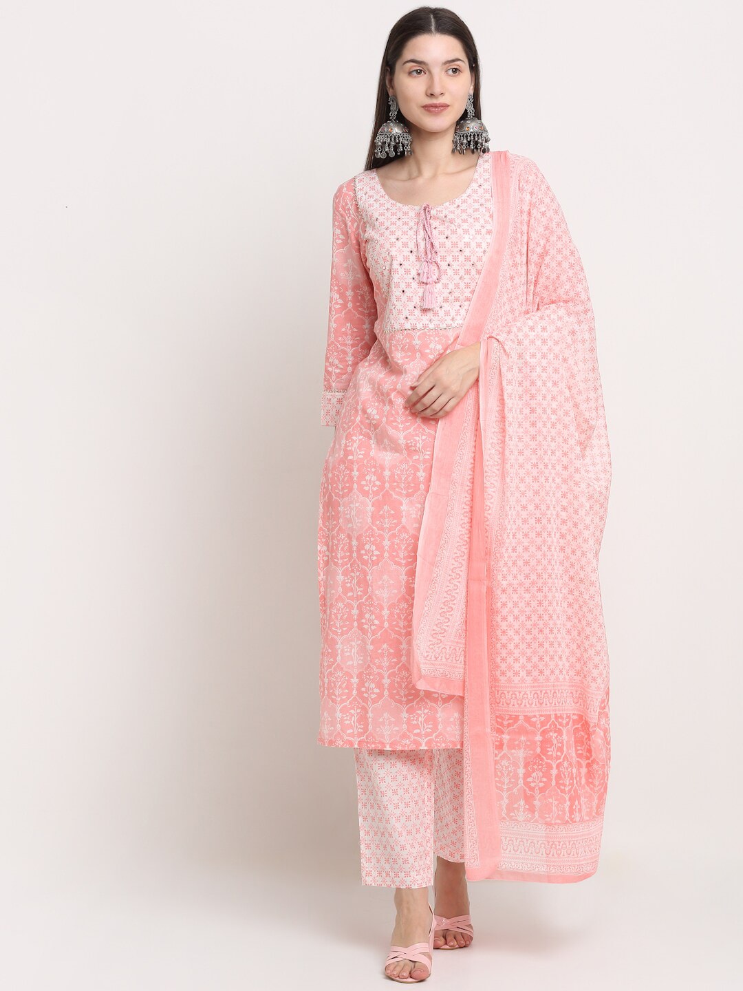Kalini Women Peach-Coloured Yoke Design Pure Cotton Kurta with Trousers & Dupatta - Distacart